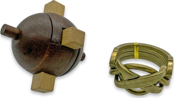 The Ancient Engineer Set by True Genius features two captivating mechanical puzzles—a wooden sphere with protruding wooden blocks for manipulative engagement, and a complex metal ring puzzle designed to challenge the mind. Perfect for puzzle enthusiasts and lovers of engineering concepts.