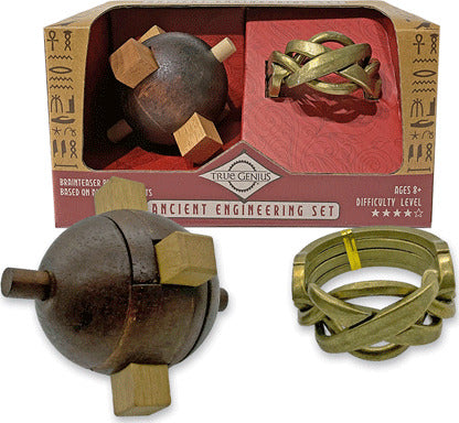 The Ancient Engineer Set by True Genius features two intricately designed wooden mechanical puzzles. One is a spherical puzzle with wooden pegs, and the other is a metallic ring puzzle intertwined with a series of loops. The set is suitable for ages 8 and older and comes in a decorative box with illustrations and difficulty ratings.