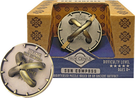 The Sun Compass by Project Genius, a mechanical puzzle featuring a stylish metallic design. The puzzle has a circular shape with intricately shaped pieces. It's designed for ages 8 and up, offering a challenge for puzzle enthusiasts. The box showcases the product beautifully, emphasizing its ancient artifact inspiration and a five-star difficulty rating.