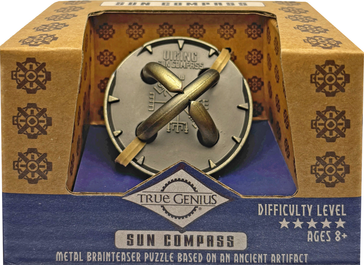 The Sun Compass by Project Genius is a metal brainteaser puzzle inspired by an ancient artifact. It features a round design with intricate detailing and a unique twisting mechanism. The packaging showcases a vibrant blue background with a visible difficulty level of five stars, indicating a challenging puzzle suitable for ages 8 and up.