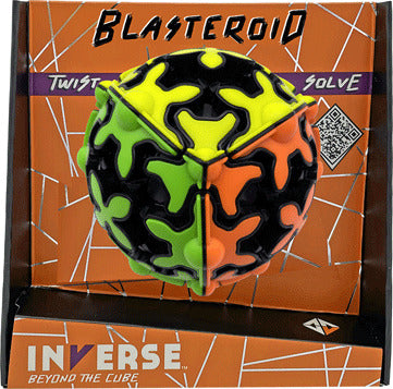 Blasteroid by Project Genius is a colorful mechanical puzzle featuring a spherical design with various shapes and vibrant colors including black, yellow, green, and orange. The packaging showcases the product with the words 'Twist, Solve' emphasizing its interactive nature, making it an engaging challenge for puzzle enthusiasts of all ages.