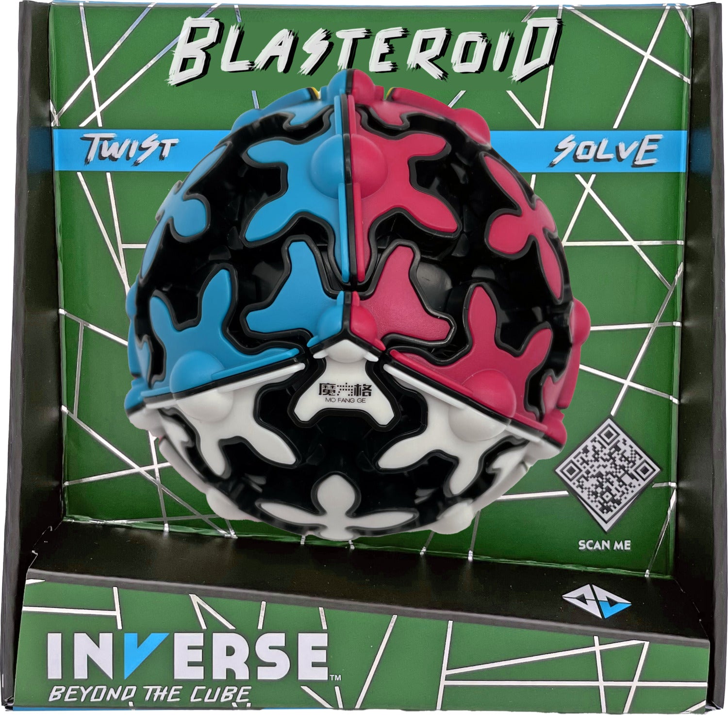 Blasteroid by Project Genius is a mechanical puzzle featuring a vibrant, multi-colored design with black, white, pink, and blue segments. The puzzle is shaped like a sphere and includes instructions for twisting and solving it. The packaging has a green background with the words 'Twist', 'Solve', and 'INVERSE' prominently displayed, alongside a QR code for additional information.