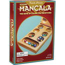 Wooden Mancala game by Pressman Toy Corp. The game features a hinged wooden board with six smaller pits for playing, each holding colorful glass gemstones. Designed for 2 players, this classic family game encourages strategic thinking and is suitable for ages 6 and up.