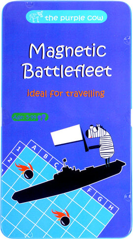 Magnetic Battlefleet game by The Purple Cow featuring a colorful design with a ship and a grid for gameplay. Ideal for travel with age suitability marked.