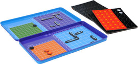 Magnetic Battlefleet game by Purple Cow, featuring vibrant colored game trays with grid patterns. Each tray includes magnetic pieces in various shapes and sizes, designed for strategic gameplay. Accompanied by additional magnetic sheets for gameplay variation, all set in a compact layout.