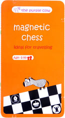 Purple Cow's Magnetic Chess game featuring a bright orange packaging with playful graphics. The design highlights that it's ideal for traveling, suitable for ages 6 to 99, and offers a fun way to enjoy chess on the go.