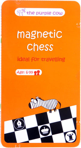 Purple Cow's Magnetic Chess game featuring a bright orange packaging with playful graphics. The design highlights that it's ideal for traveling, suitable for ages 6 to 99, and offers a fun way to enjoy chess on the go.