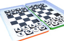 A colorful magnetic chess set from Purple Cow displayed on a contemporary black and white checkered board. The chess pieces, featuring distinct designs, are arranged neatly on the board, designed for easy movement and storage. The set showcases an engaging educational game perfect for family and friends to enjoy, fostering strategic thinking and friendly competition.