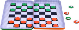Magnetic Checkers game by Purple Cow, featuring a portable checkerboard with black and white squares. Includes colorful green, orange, and red magnetic pieces, along with crowned pieces for advanced gameplay. Perfect for family game nights and strategic fun.