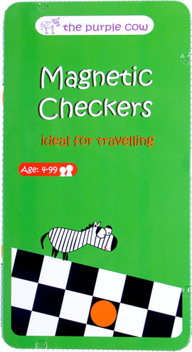 Magnetic Checkers game by Purple Cow, featuring a vibrant green packaging with playful graphics, ideal for travel and suitable for ages 4 to 99. Includes a checkerboard with magnetic pieces.