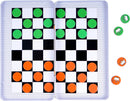 Magnetic Checkers game by Purple Cow, featuring a checkered board with green and orange magnetic pieces. The board is designed for easy storage and travel.