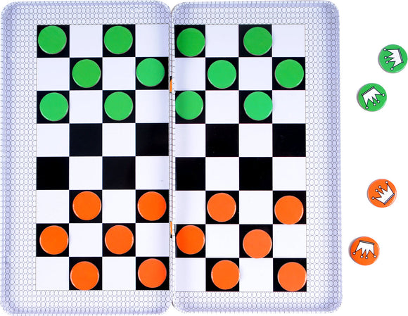 Magnetic Checkers game by Purple Cow, featuring a checkered board with green and orange magnetic pieces. The board is designed for easy storage and travel.