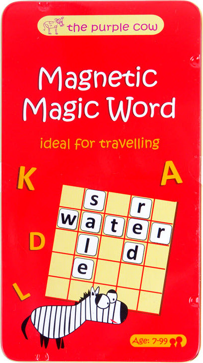 Magnetic Magic Word game by Purple Cow, featuring a colorful travel-friendly design with letters arranged on a magnetic board. Ideal for word play and vocabulary building, suitable for ages 7 to 99. The packaging showcases a playful zebra illustration.