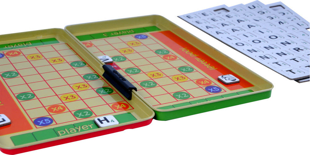 The Magnetic Magic Word game by Purple Cow features two colorful game boards with a grid layout, a score tracker, and several letter tiles for gameplay. The game encourages word creation and strategic thinking, providing a fun activity for players of all ages. The game boards are made of sturdy materials and come in vibrant colors, making it visually appealing.