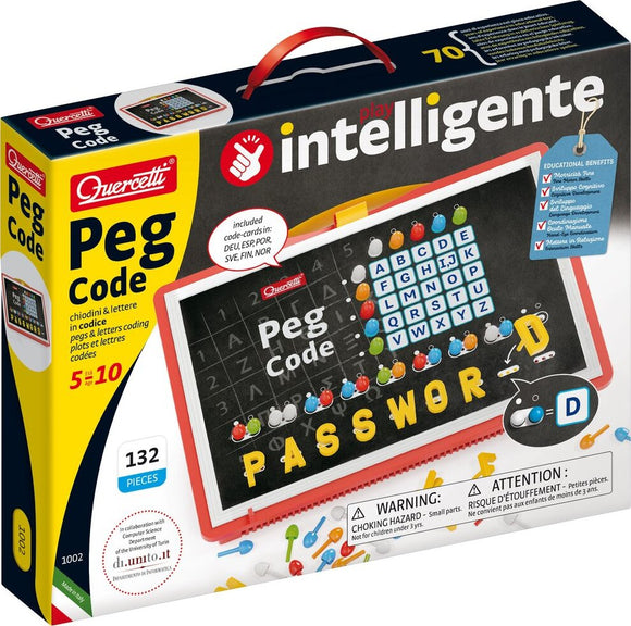 The Peg Code game by Quercetti features a colorful board with removable pegs and letters. The packaging showcases 132 pieces, including various coding pegs, a grid for arranging them, and code cards in multiple languages. Great for educational play, it encourages children to develop problem-solving skills and creative thinking through coding and pattern recognition.