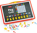 Peg Code game by Quercetti featuring a board with a grid of colored pegs and letters with a highlighted word 'PASSWORD'. Includes colorful pegs scattered around.