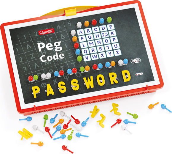 Peg Code game by Quercetti featuring a board with a grid of colored pegs and letters with a highlighted word 'PASSWORD'. Includes colorful pegs scattered around.