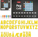 Quercetti Peg Code game featuring a colorful grid of pegs and letters. The game includes a black board with letters A to Z and colorful pegs in various shapes and colors, designed for educational fun. Ideal for enhancing letter recognition and coding skills.