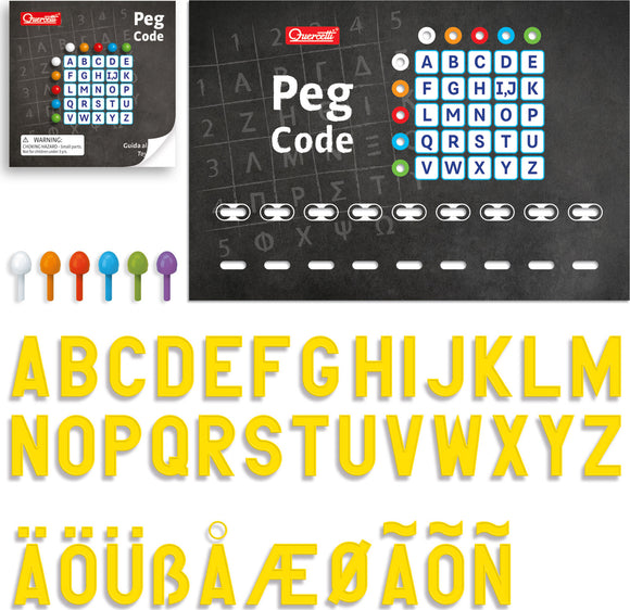 Quercetti Peg Code game featuring a colorful grid of pegs and letters. The game includes a black board with letters A to Z and colorful pegs in various shapes and colors, designed for educational fun. Ideal for enhancing letter recognition and coding skills.
