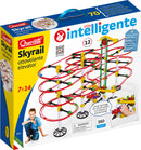 The Skyrail Ottovolante elevator by Quercetti is a colorful DIY kit designed for children aged 7 to 14. The packaging displays a vibrant layout featuring tracks, gears, and a young boy interacting with the set. The kit includes 360 pieces, educational benefits, and promotes creative play. A warning indicates small parts pose a choking hazard.