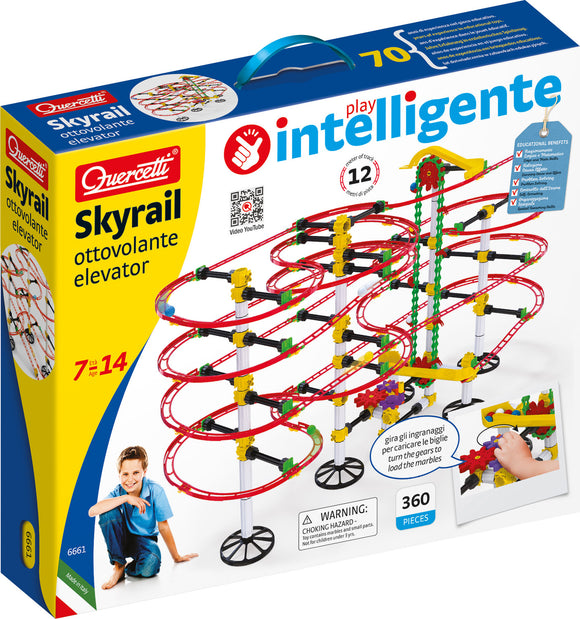 The Skyrail Ottovolante elevator by Quercetti is a colorful DIY kit designed for children aged 7 to 14. The packaging displays a vibrant layout featuring tracks, gears, and a young boy interacting with the set. The kit includes 360 pieces, educational benefits, and promotes creative play. A warning indicates small parts pose a choking hazard.