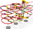 The Skyrail Ottovolante elevator by Quercetti is a colorful DIY kit featuring interlocking tracks that create a roller coaster-like structure. The design includes vibrant red tracks, yellow connectors, and green climbing elements, allowing for the exciting movement of balls through various loops and twists. This intricate system is perfect for inspiring creativity in building and engineering, making it ideal for young inventors.