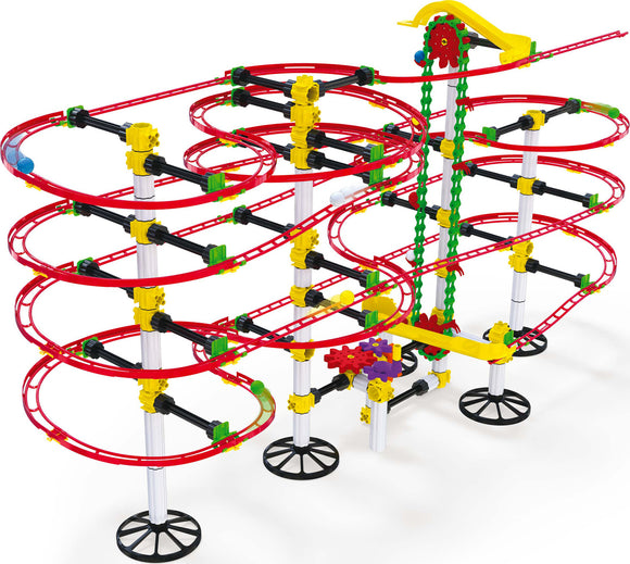 The Skyrail Ottovolante elevator by Quercetti is a colorful DIY kit featuring interlocking tracks that create a roller coaster-like structure. The design includes vibrant red tracks, yellow connectors, and green climbing elements, allowing for the exciting movement of balls through various loops and twists. This intricate system is perfect for inspiring creativity in building and engineering, making it ideal for young inventors.