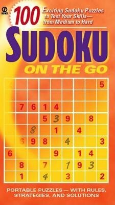 Cover of '100 Sudoku On The Go' featuring a bright orange background with bold purple text. The book presents a Sudoku grid filled with numbers and emphasizes the challenge level from medium to hard, describing it as portable and including rules, strategies, and solutions.