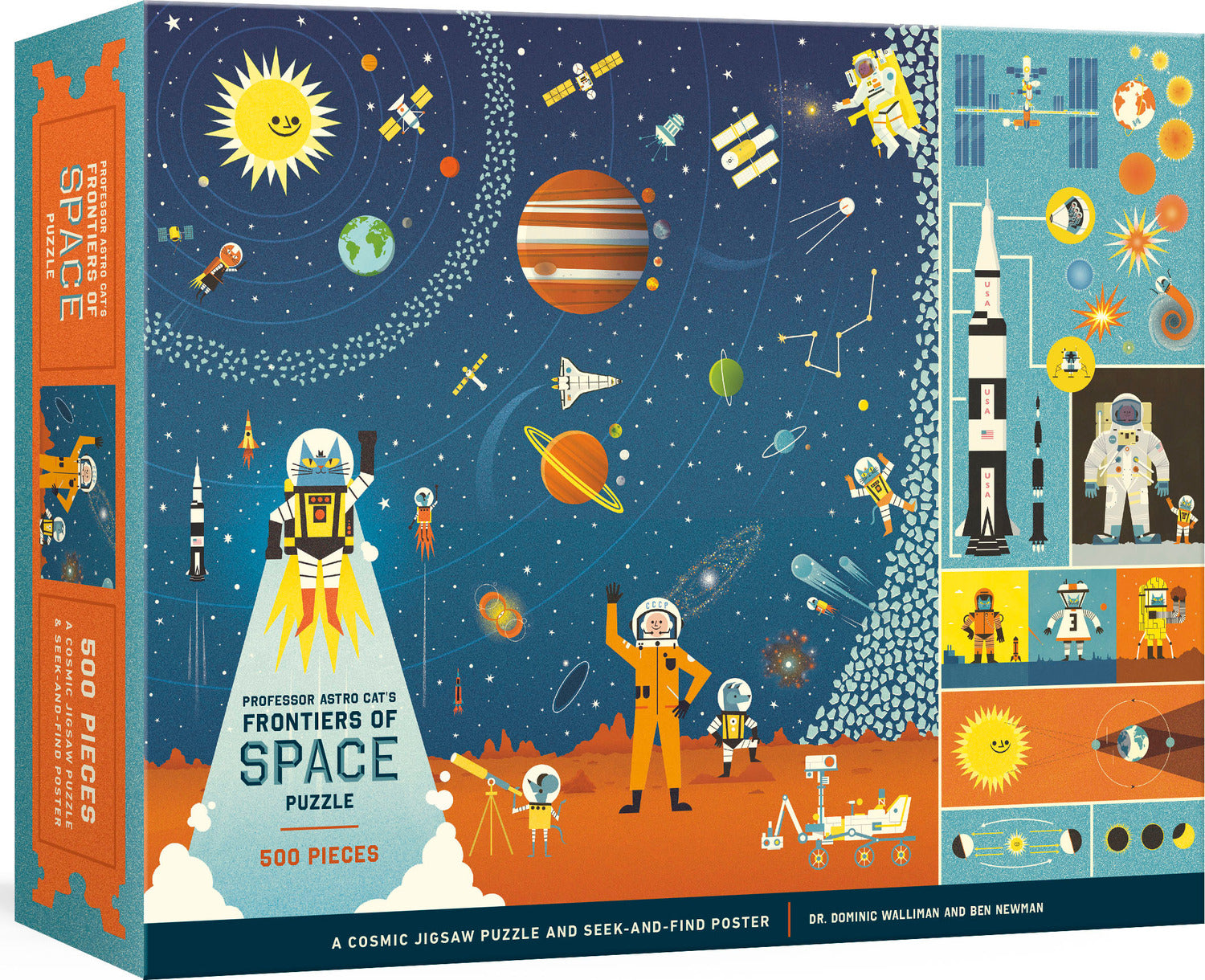 A colorful 500-piece jigsaw puzzle featuring Professor Astro Cat and a cosmic scene. The illustration includes planets, astronauts, rockets, and a smiling sun, set against a starry background. The box displays educational elements related to space exploration, perfect for kids and puzzle enthusiasts.