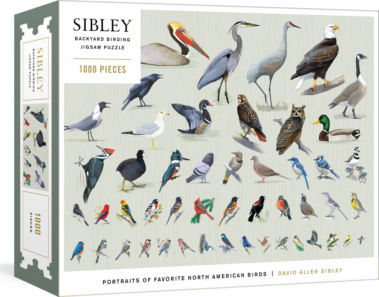 Sibley Backyard Birding Jigsaw Puzzle featuring 1000 pieces with illustrations of various North American birds. The puzzle box displays the intricate bird portraits in vibrant colors, ideal for bird lovers and puzzle enthusiasts.