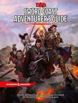 A dynamic cover of the Sword Coast Adventurer's Guide featuring a group of adventurers including warriors and spellcasters standing ready for battle. The vibrant artwork showcases a fantasy landscape in the background.