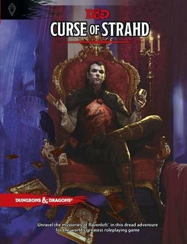 Curse of Strahd D&D game cover featuring a dark, brooding figure seated on a lavish throne in a gothic setting. The figure, clad in a dark cloak, embodies the game's eerie atmosphere. The artwork showcases elements like candles, decks of cards, and a haunted background, encapsulating the essence of Ravenloft and its chilling adventures.