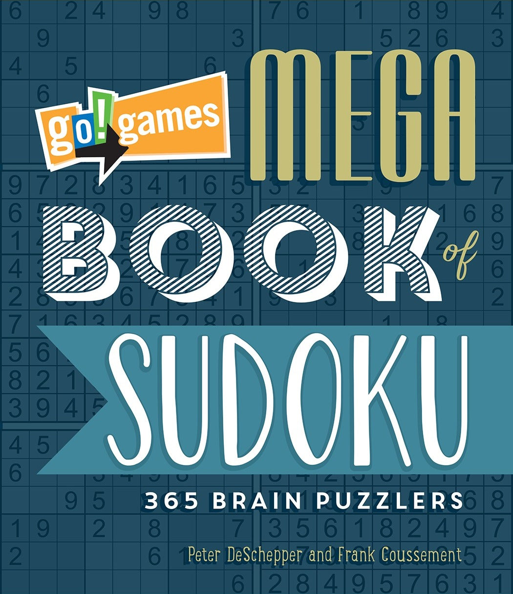 Cover of the Mega Book of Sudoku published by Penguin Group. Features bold and colorful typography highlighting the title and subtitle '365 Brain Puzzlers.' The background is a grid filled with Sudoku numbers.