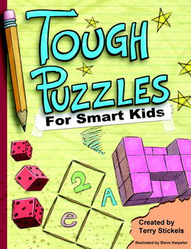 Cover of the book 'Tough Puzzles for Smart Kids' featuring playful illustrations, including dice, letters, and a puzzle cube. The title is prominently displayed in bright colors with a pencil and stars surrounding it., designed to engage young minds with challenging puzzles.