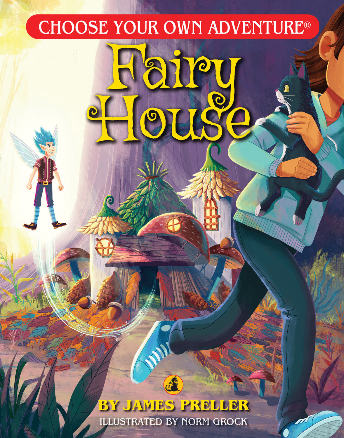 Cover of the book 'Fairy House' from the Choose Your Own Adventure series, featuring vibrant illustrations of a young character holding a cat, a fairy, and whimsical houses, surrounded by mushrooms and plants. The title is prominently displayed at the top in a playful font.