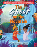 Cover of 'The Ghost on the Mountain' book by Choose Your Own Adventure. The illustration features two kids joyfully playing by a waterfall, surrounded by lush greenery and colorful birds.