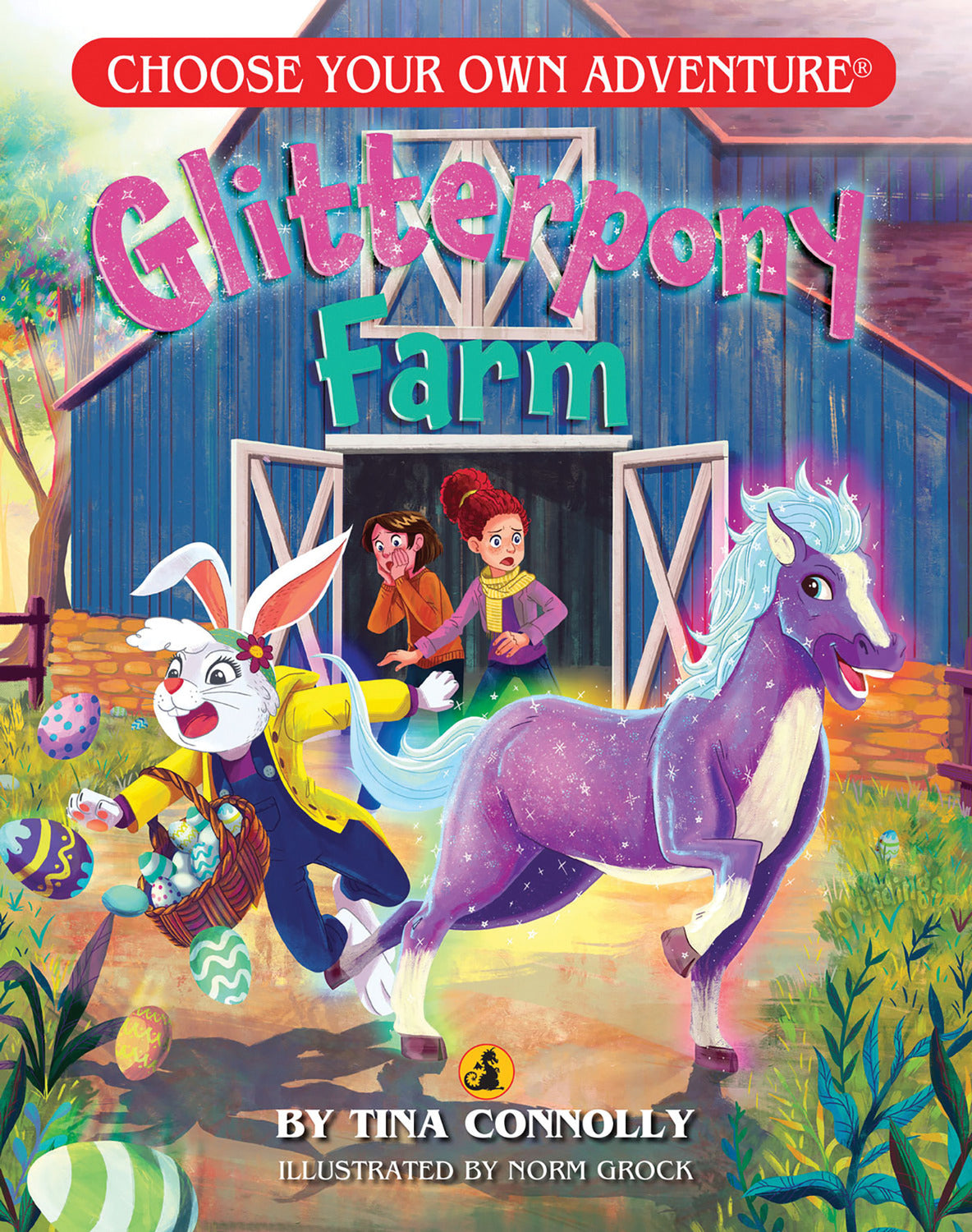 Cover of 'Glitterpony Farm' book from Choose Your Own Adventure featuring a vibrant illustration of a playful rabbit and two girls in a colorful farm setting, with a sparkling unicorn and decorated eggs in the foreground, inviting readers into a whimsical adventure.