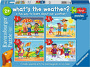Ravensburger jigsaw puzzle titled 'What's the Weather' designed for children ages 2 and up. The box features four colorful scenes depicting various weather conditions, including a rainy day, beach fun, autumn leaves, and winter snow. Each scene includes engaging characters and activities, showcasing outdoor play in different weather. The puzzle promotes learning about weather while enhancing problem-solving skills in a fun way.