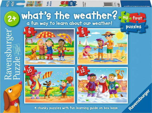 Ravensburger jigsaw puzzle titled 'What's the Weather' designed for children ages 2 and up. The box features four colorful scenes depicting various weather conditions, including a rainy day, beach fun, autumn leaves, and winter snow. Each scene includes engaging characters and activities, showcasing outdoor play in different weather. The puzzle promotes learning about weather while enhancing problem-solving skills in a fun way.