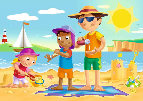 A colorful illustration of children playing on a beach. Two children, a boy and a girl, are building a sandcastle while another boy pours sand. The background features a sunny sky, a lighthouse, and a sailboat on the water.