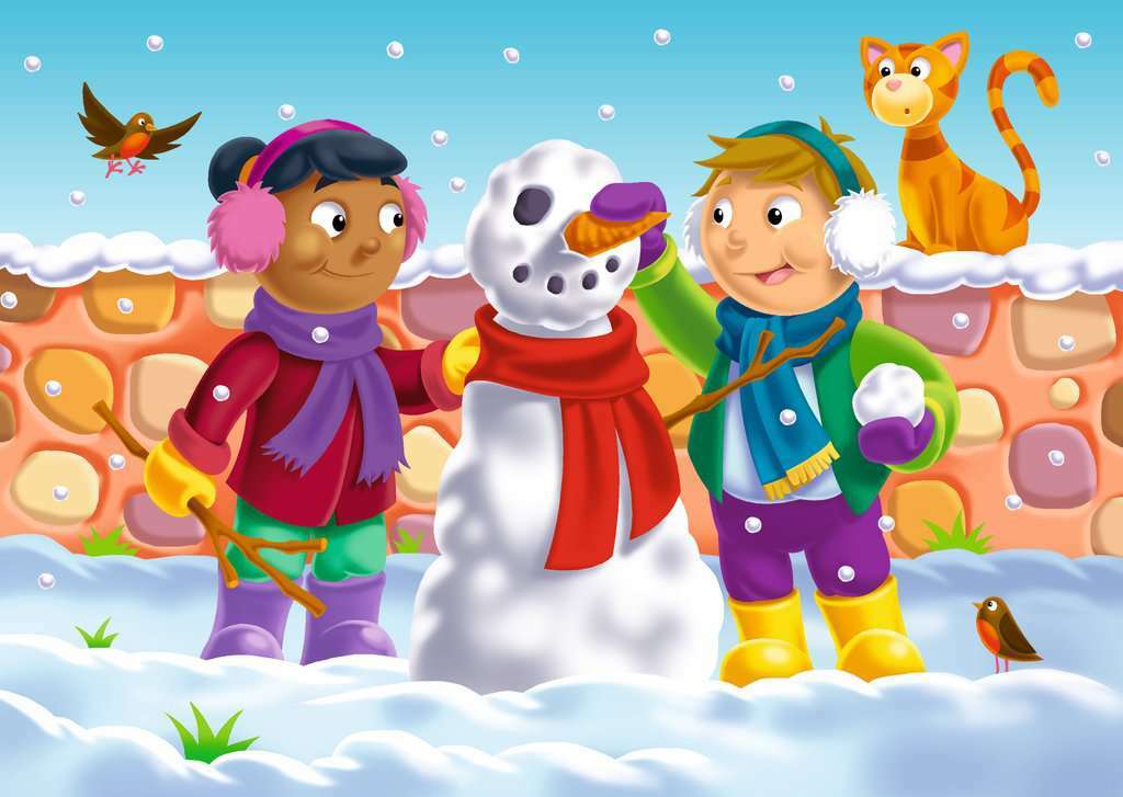 A colorful jigsaw puzzle featuring two children joyfully building a snowman in a snowy landscape. One child places a carrot nose on the snowman while the other holds a stick. The scene includes a playful cat perched on a wall and a bird flying in the sky, adding to the cheerful winter atmosphere.