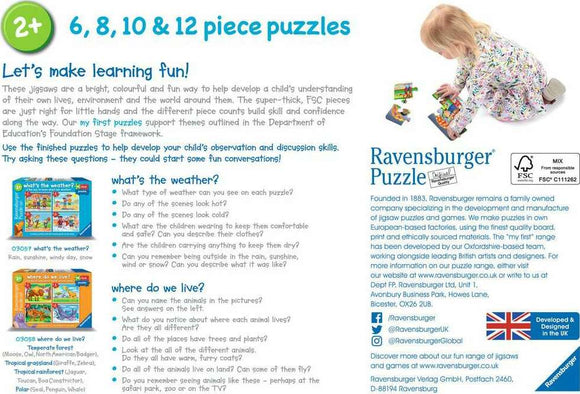 A colorful jigsaw puzzle titled 'What's the Weather' by Ravensburger, featuring 6, 8, 10, and 12 piece options. The image showcases a child playing with the vibrant puzzle, which teaches weather concepts through engaging illustrations. It encourages learning through play, perfect for young children.