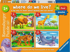 Ravensburger jigsaw puzzle titled 'Where Do We Live?' designed for young children. The box features vibrant illustrations of diverse animals in various habitats. It includes four chunky puzzles (6, 8, 10, and 12 pieces) with playful images of a moose, giraffe, cartoon leopard, and seal family. The product promotes learning about animals and their environments, perfect for early childhood education.