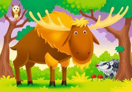 A colorful jigsaw puzzle depicting a whimsical forest scene with a friendly moose standing in a vibrant meadow. An owl perches in a tree above, while a playful hedgehog curiously observes the moose. The background features greenery, trees, and cute mushrooms, creating an inviting atmosphere for puzzle enthusiasts of all ages.