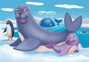 A colorful jigsaw puzzle featuring a playful scene with a large, smiling seal and its baby seal. They are surrounded by icebergs, water, and other marine life, including a penguin in the foreground and a whale in the background. The illustration is whimsical and appealing for children, showcasing a vibrant Arctic environment.