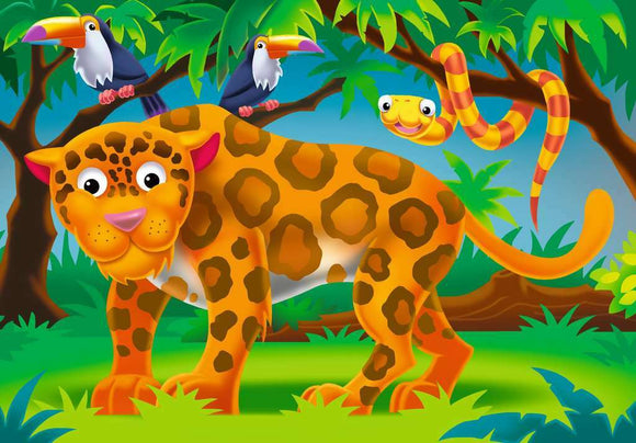A vibrant jigsaw puzzle featuring a cartoonish leopard in a lush jungle setting. The leopard, adorned with bright orange and black spots, stands confidently among green foliage. Two toucans perch on nearby branches, and a colorful, spiraled snake can be seen in the background. Ideal for young puzzle enthusiasts, this engaging puzzle stimulates creativity and learning about wildlife.