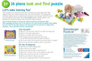 A vibrant 16-piece jigsaw puzzle titled 'Fun Day at Playgroup' by Ravensburger, designed for children aged 2 and up. The image shows a child assembling the colorful pieces that illustrate various playful scenarios at a playground, fostering observation and discussion skills.