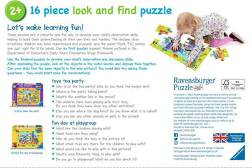 A vibrant 16-piece jigsaw puzzle titled 'Fun Day at Playgroup' by Ravensburger, designed for children aged 2 and up. The image shows a child assembling the colorful pieces that illustrate various playful scenarios at a playground, fostering observation and discussion skills.
