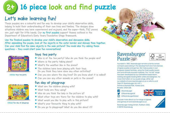 A vibrant 16-piece jigsaw puzzle titled 'Fun Day at Playgroup' by Ravensburger, designed for children aged 2 and up. The image shows a child assembling the colorful pieces that illustrate various playful scenarios at a playground, fostering observation and discussion skills.