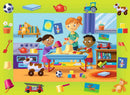 A colorful and playful scene featuring three children engaged in a fun activity at playgroup. One child is molding sand with a caregiver, while another child poses next to a red toy fire truck. The background is filled with vibrant illustrations of toys, books, and children's art, creating a lively atmosphere. This jigsaw puzzle includes various playful elements that stimulate imagination.